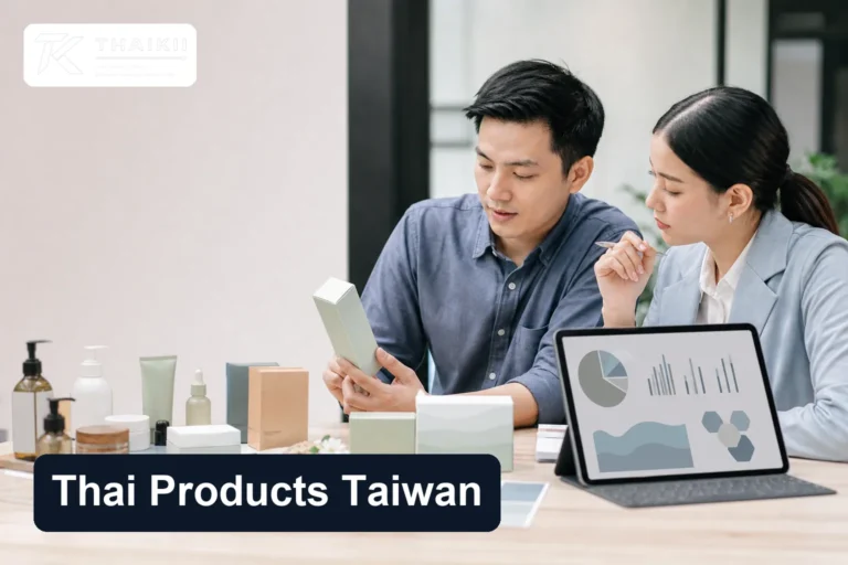 Thai product team reviewing unbranded packaging and analytics for Taiwan market entry