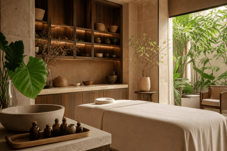 溫暖自然材質的泰式精品 Spa 空間，呈現植萃保養與感官體驗