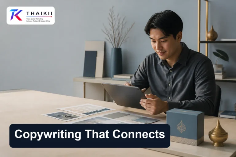 Thai professional reviewing localized Chinese brand content on a tablet