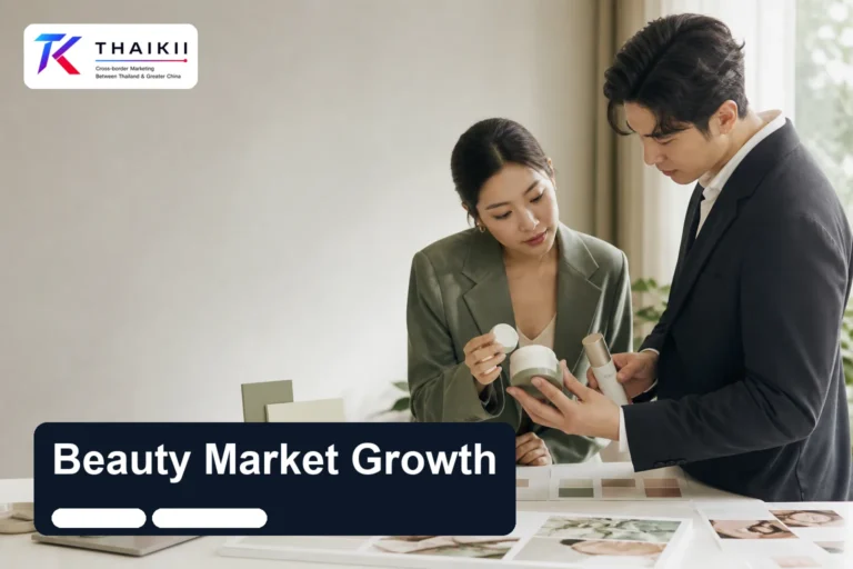 Thai beauty brand team reviewing cosmetic products for Chinese-speaking market growth