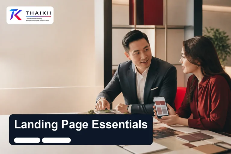Thai property developer and Chinese marketing strategist reviewing a localized landing-page concept