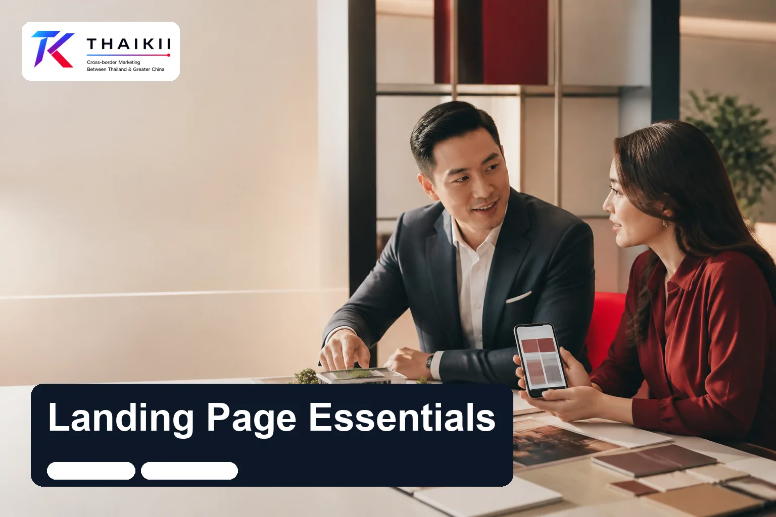 Thai property developer and Chinese marketing strategist reviewing a localized landing-page concept