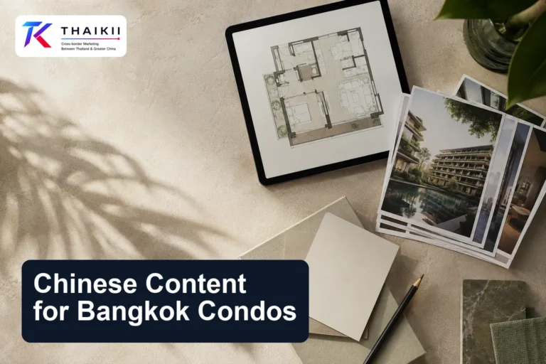 THAIKII cover showing a tablet floor plan and condominium research prints on a workspace, titled Chinese Content for Bangkok Condos