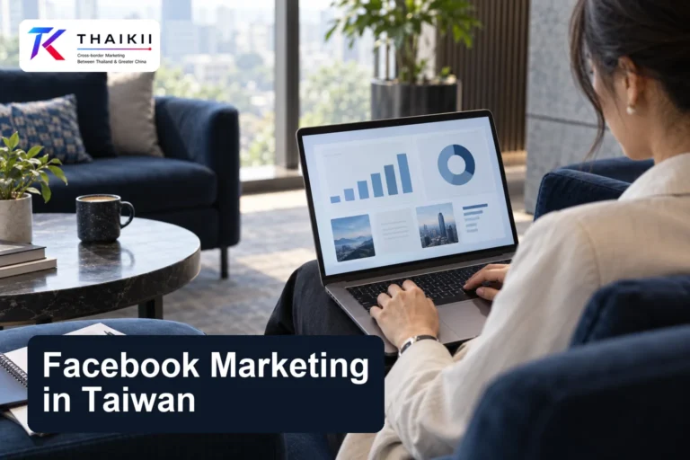 THAIKII cover showing a business strategist reviewing content and analytics on a laptop, titled Facebook Marketing in Taiwan