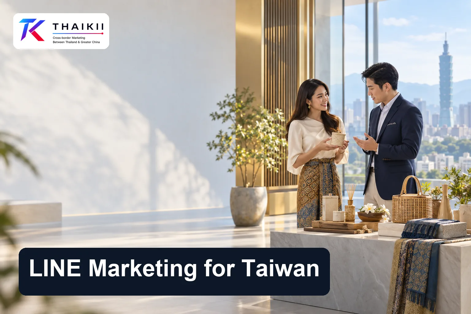 Thai and Taiwanese brand strategists discussing a Taiwan market entry campaign in a bright showroom
