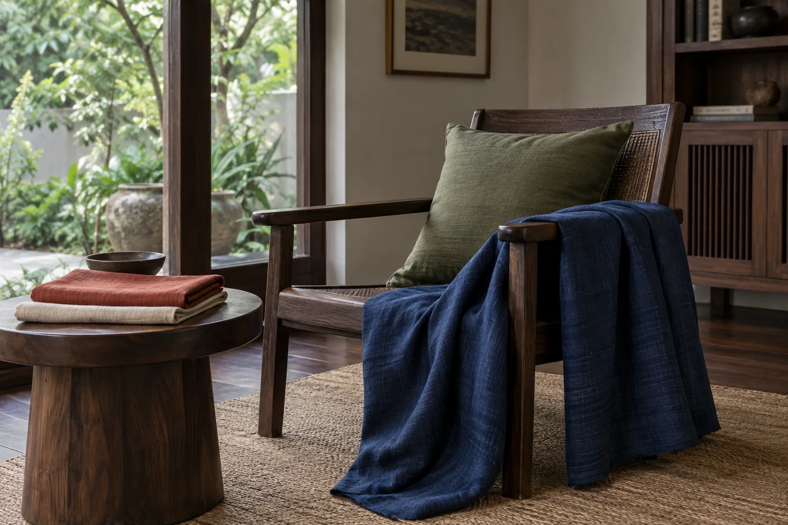 木椅上的素色絲織布與居家織品情境