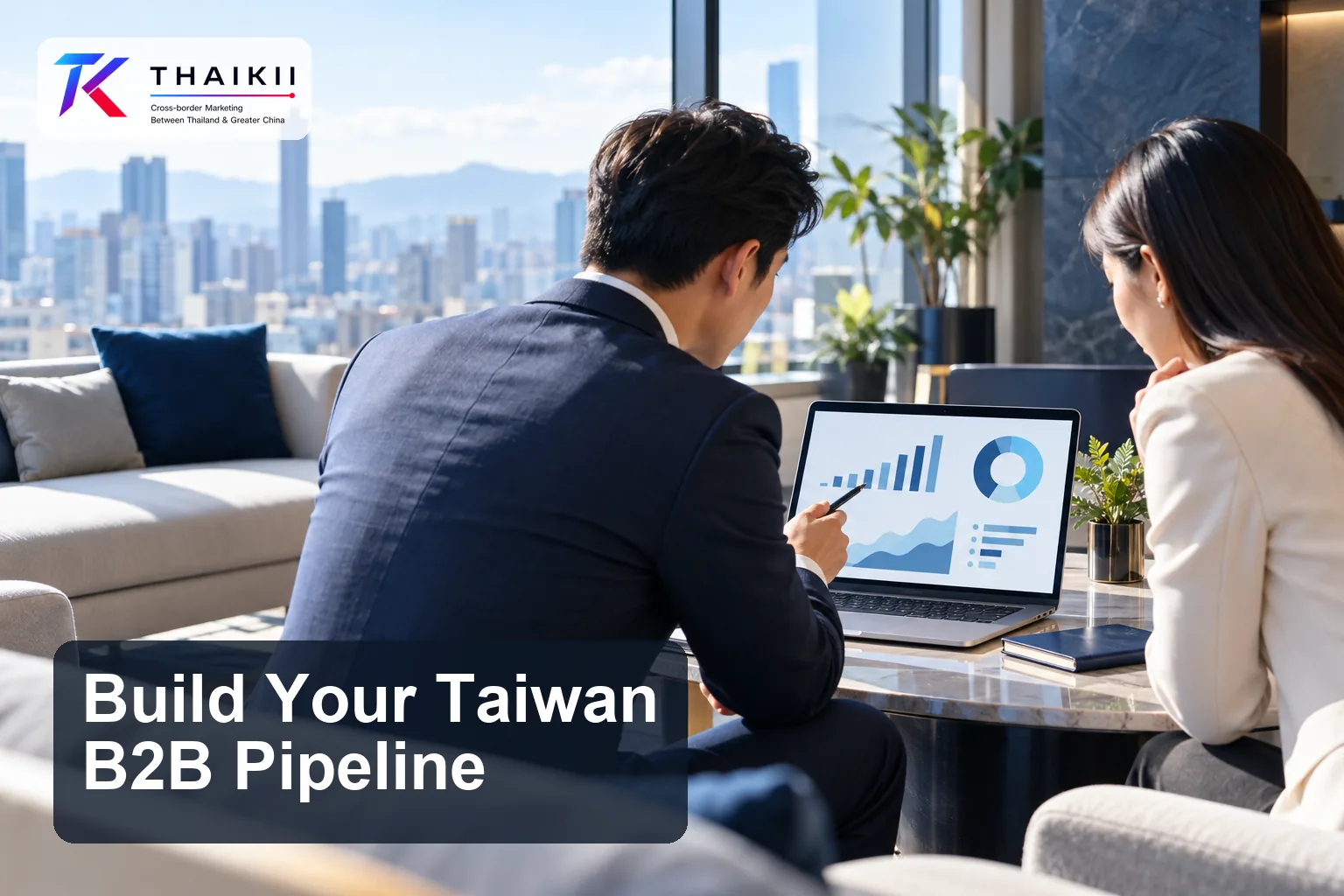 Business professionals reviewing a marketing dashboard for Thai companies entering Taiwan
