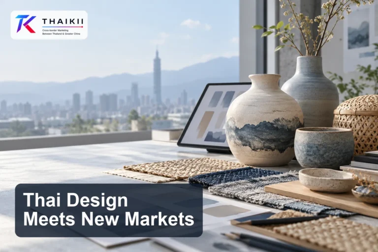 Thai design ceramics, woven materials, and a tablet in a bright studio overlooking Taipei