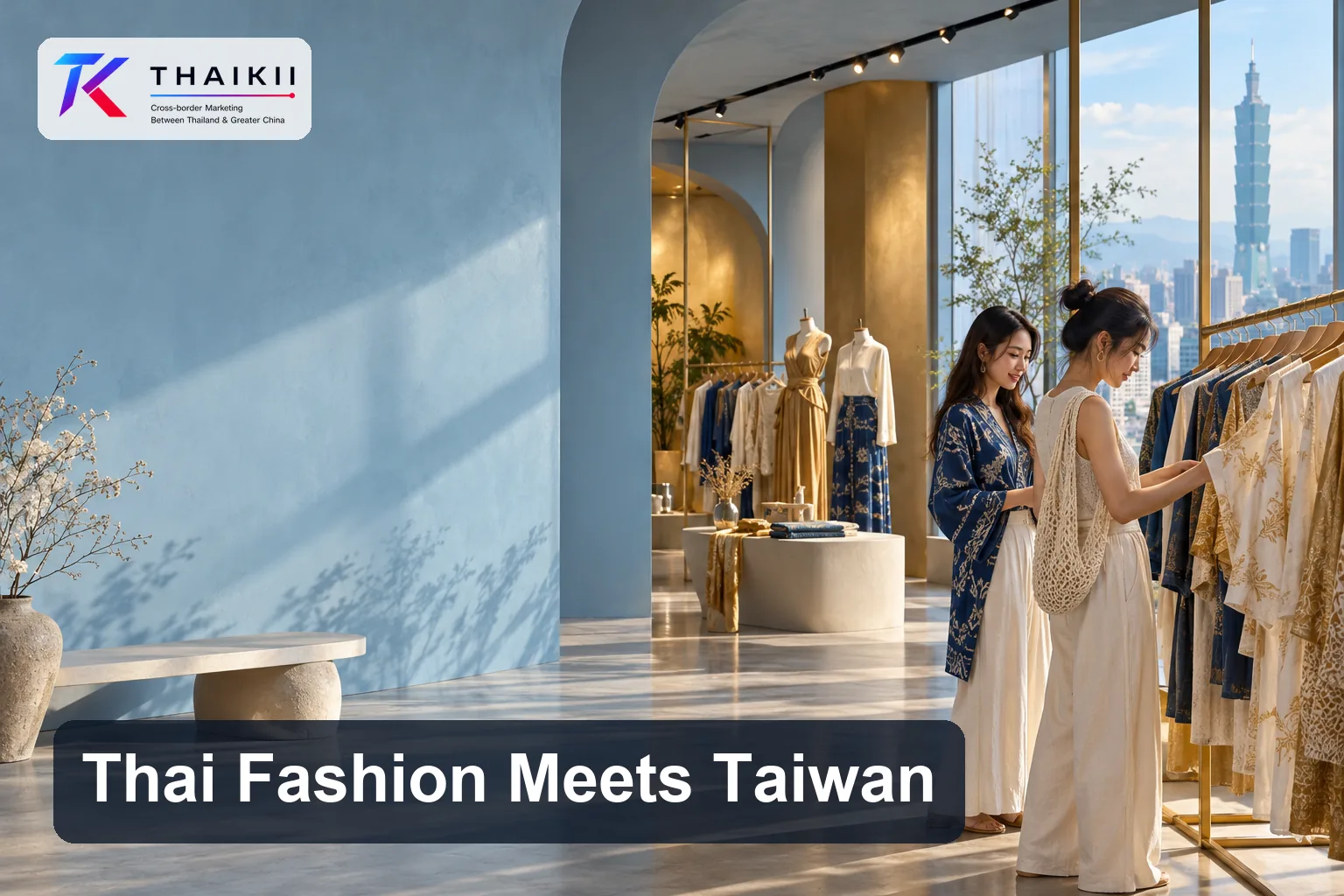Thai fashion showroom concept with young shoppers, clothing displays, and Taipei skyline