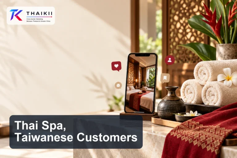 Thai spa towels, oil vessel, and a phone illustrating localized marketing for Taiwanese customers
