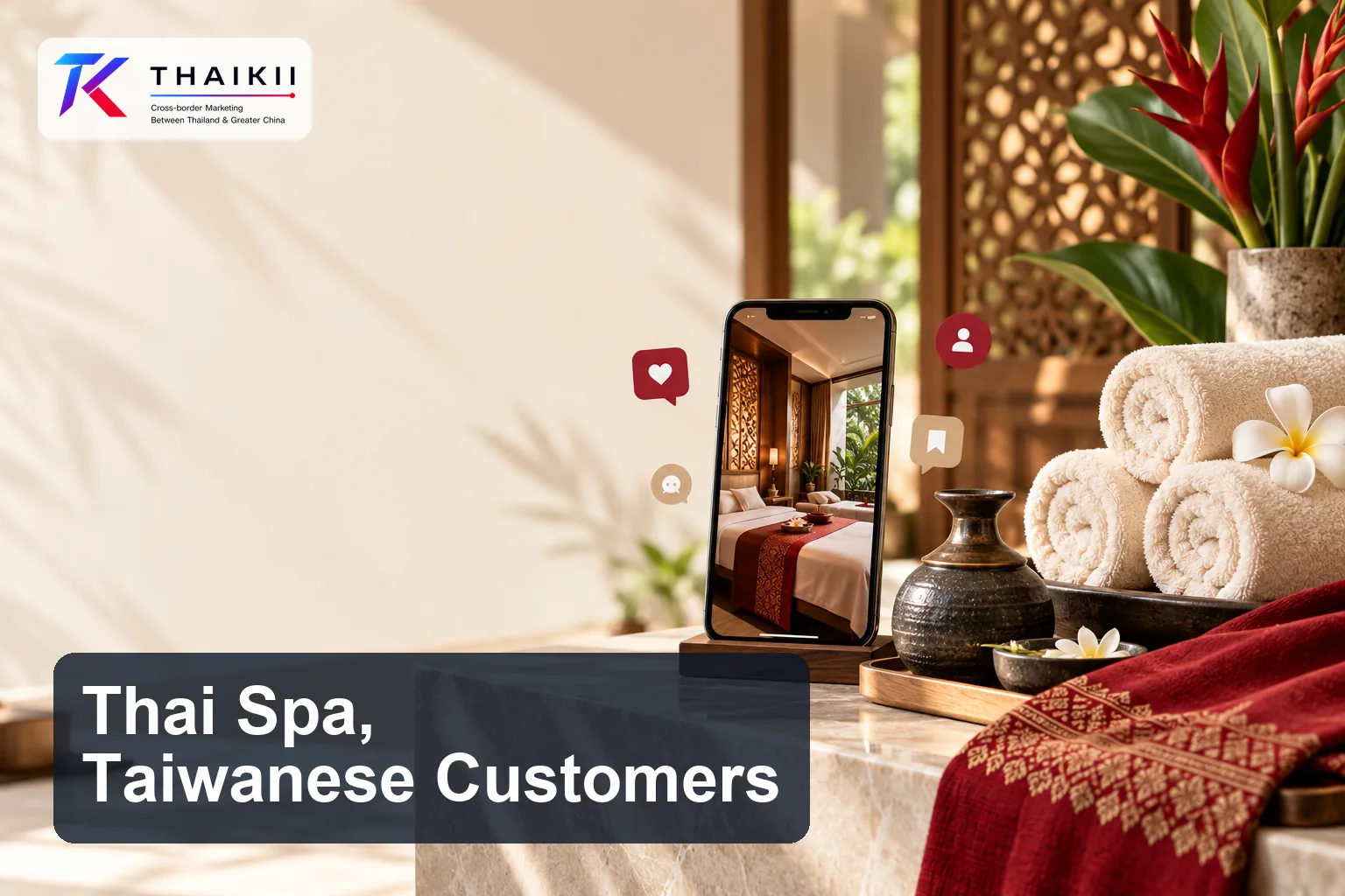 Thai spa towels, oil vessel, and a phone illustrating localized marketing for Taiwanese customers