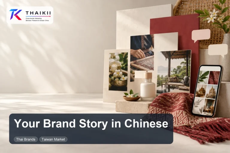 Thaikii Chinese-language brand storytelling concept with Thai craft photographs, woven fabric, a botanical product, and a phone